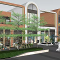 Modern Commercial Street Featuring Lush Trees Storefronts Pedestrian Walkway And Greenery