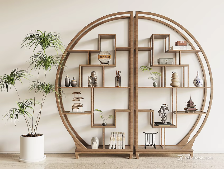 Circular Wooden Etagere With Decorative Vases Books And Green Plant In White Planter 3d model 