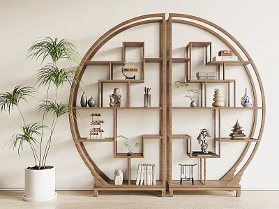Circular Wooden Etagere With Decorative Vases Books And Green Plant In White Planter 3d model