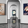 Modern Art Gallery Interior With Arched Doorways And Hanging Paintings On Walls