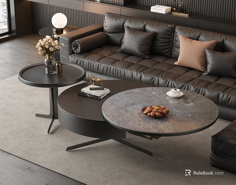 Modern Nested Round Coffee Tables With Marble Top And Black Frame In Living Room 3d model 