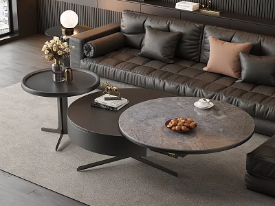 Modern Nested Round Coffee Tables With Marble Top And Black Frame In Living Room 3d model