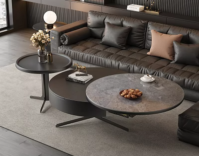Modern Nested Round Coffee Tables With Marble Top And Black Frame In Living Room 3d model