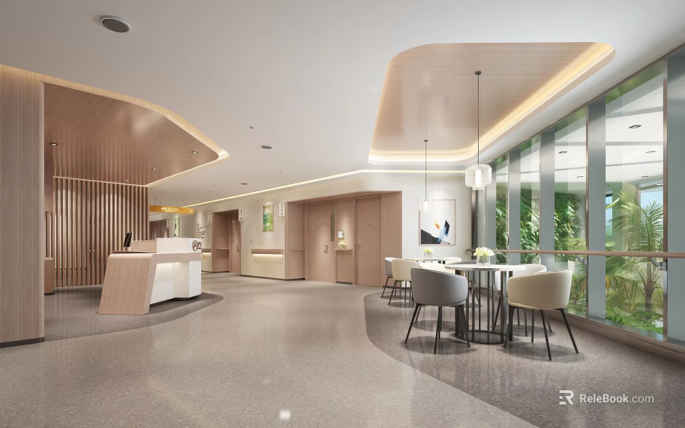 Modern Reception Area Design With Wooden Elements White Reception Desk Pendant Lights And Green Plants 3d model 