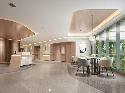 Modern Reception Area Design With Wooden Elements White Reception Desk Pendant Lights And Green Plants 3d model