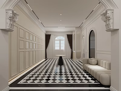 Classic Hallway Interior With Checkered Floor And Sofa 3d model