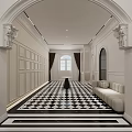 Classic Hallway Interior With Checkered Floor And Sofa