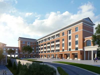 Red Brick School Building Featuring Multi Story Structure Arched Doorways Spacious Square And Green Trees 3d model