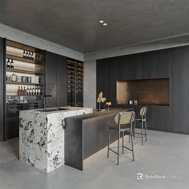 Dark Modern Kitchen Interior With Marble Island Wine Rack Dark Cabinets And Bar Stools 3d model 