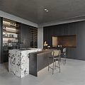 Dark Modern Kitchen Interior With Marble Island Wine Rack Dark Cabinets And Bar Stools