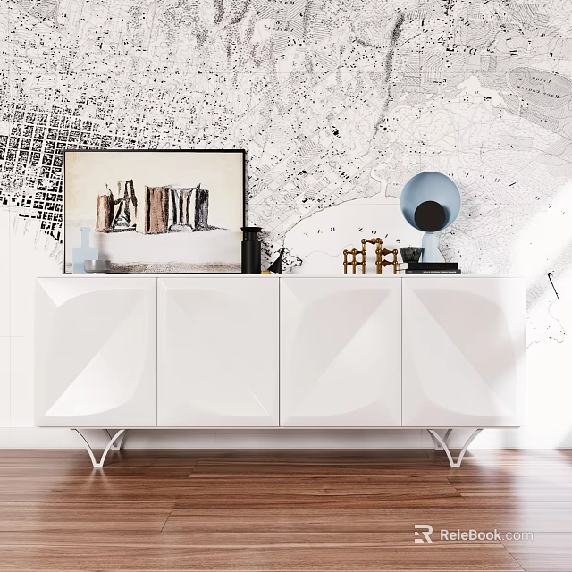 Modern White Console Sideboard With Geometric Design Metal Legs And Decor Items On Wooden Floor 3d model 