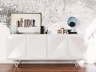 Modern White Console Sideboard With Geometric Design Metal Legs And Decor Items On Wooden Floor 3d model