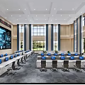 Modern Monitoring Room With Large Display Screen Control Desks Workstations Office Chairs And Green Plant