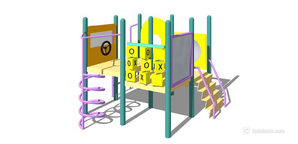 Colorful Playground Equipment with Purple Spiral Slide Yellow OXO Panels and Green Poles 3d model 