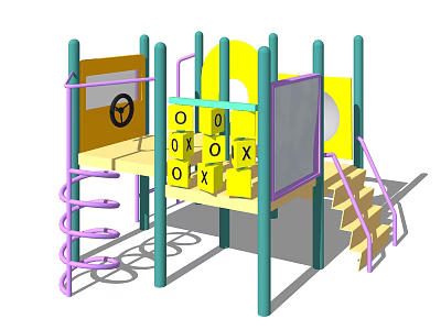 Colorful Playground Equipment with Purple Spiral Slide Yellow OXO Panels and Green Poles 3d model