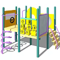 Colorful Playground Equipment with Purple Spiral Slide Yellow OXO Panels and Green Poles