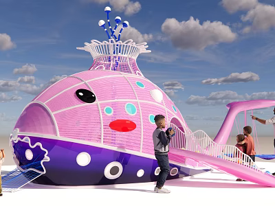 Colorful Pink Purple Whale Shaped Play Structure with Slide and Children Playing in Park 3d model