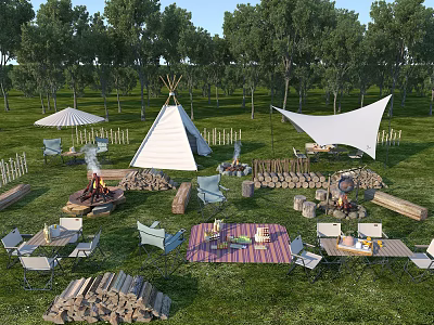 Garden Accents With Tipi Tent White Canopy Fire Pit Wood Pile Outdoor Tables And Chairs 3d model
