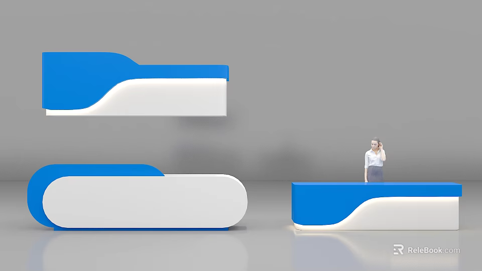 Modern Front Desk Reception Featuring Blue White Minimalist Design And Staff Member 3d model