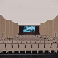 Modern Auditorium Interior With Rows Of Seats Large Screen Map Wooden Walls And Ceiling Lights