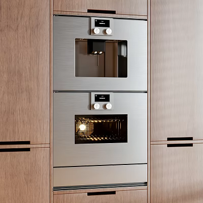 Modern Kitchen With Built In Stainless Steel Oven Coffee Machine And Wooden Cabinets 3d model