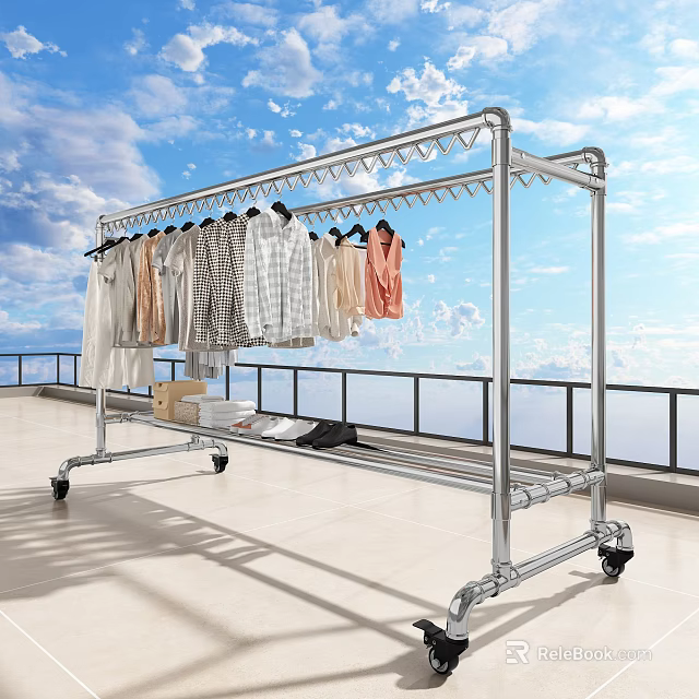 Metal Clothes Rack With Wheels Hanging Various Clothes On Balcony Blue Sky Background 3d model 