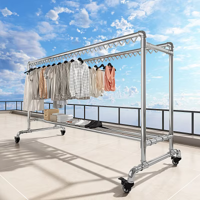 Metal Clothes Rack With Wheels Hanging Various Clothes On Balcony Blue Sky Background 3d model