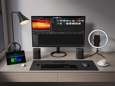 Modern Computer Desk Setup With Monitor Keyboard Mouse Speakers Tablet And Lamp 3d model