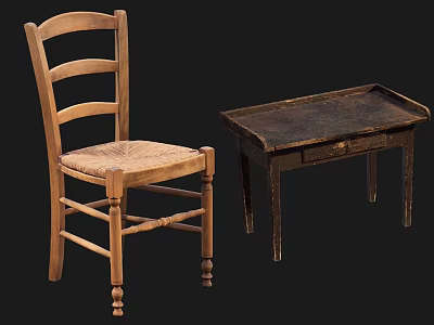 Rustic Wooden Leisure Chair With Woven Seat And Matching Side Table 3d model