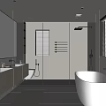 Modern Bathroom Interior With Large Mirror Double Sink Vanity Glass Shower And Freestanding Bathtub