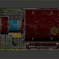 Industrial Mechanical Device With Red Body Blue Component Yellow Top Green Base And Warning Strips