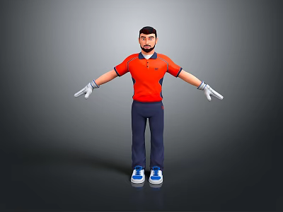 Man Arms Outstretched Orange Polo Shirt Dark Blue Pants White Gloves Blue Sneakers Gray Background 3d model