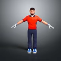 Man Arms Outstretched Orange Polo Shirt Dark Blue Pants White Gloves Blue Sneakers Gray Background