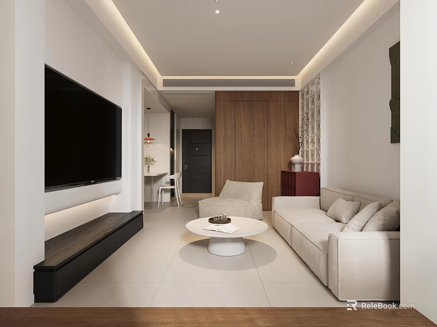Modern Minimalist Open Living And Dining Room With Soft Ambient Lighting And Comfortable Light Furnishings 3d model 
