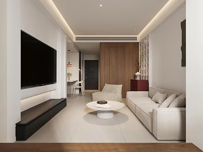 Modern Minimalist Open Living And Dining Room With Soft Ambient Lighting And Comfortable Light Furnishings 3d model