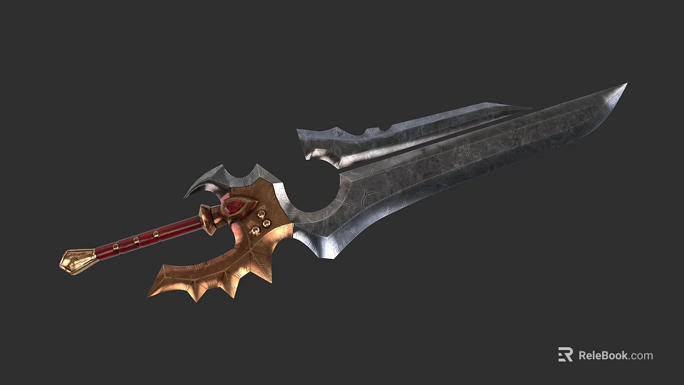 Fantasy Sword With Spiked Guard Red Gold Hilt And Sharp Metallic Blade 3d model 
