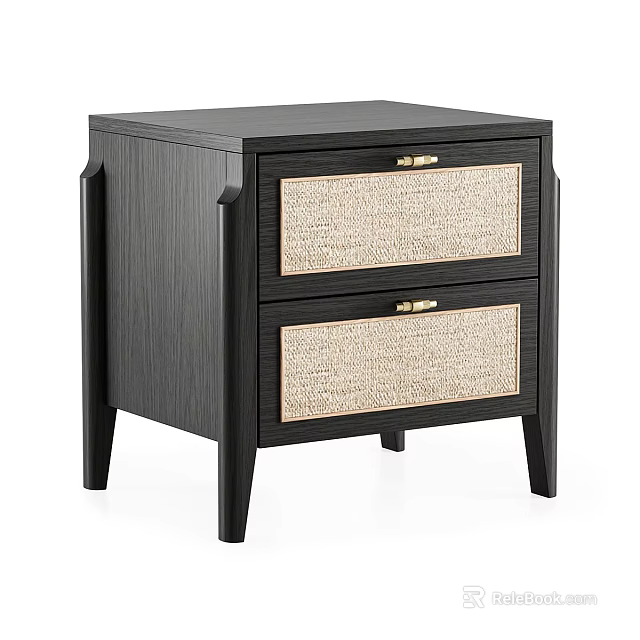 Modern Black Nightstand With Sleek Wooden Frame Two Woven Drawers And Metal Handles 3d model 