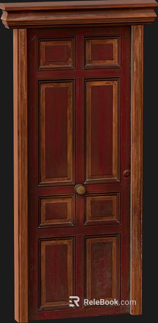 Dark Red Wooden Double Door Featuring Paneled Design And Brass Door Knob 3d model 