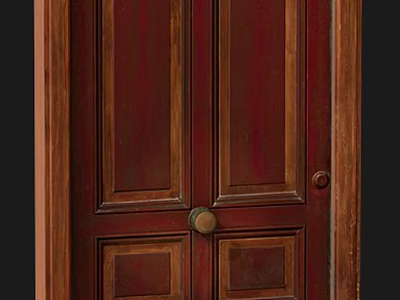 Dark Red Wooden Double Door Featuring Paneled Design And Brass Door Knob 3d model