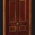 Dark Red Wooden Double Door Featuring Paneled Design And Brass Door Knob
