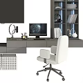 Modern Desk Interior with Computer Bookshelf White Chair and Wall Art