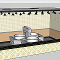 Stainless Steel Open Kitchen Setup With Large Pots Black Marble Countertop And White Tiled Wall