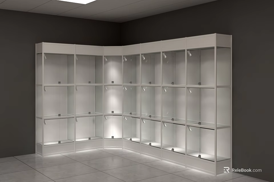 Modern White Corner Display Shelving Unit With Glass Shelves And Built In Lighting 3d model 