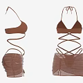 Fashionable Brown Bikini Set With Strappy Top And Mesh Skirt Design