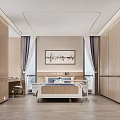 Modern Hotel Room With Bed TV Wheelchair Wooden Furniture Curtains Artwork And Plants