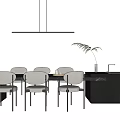 Modern Minimalist Dining Table Set With White Chairs Pendant Light Green Plant And Kitchen Counter