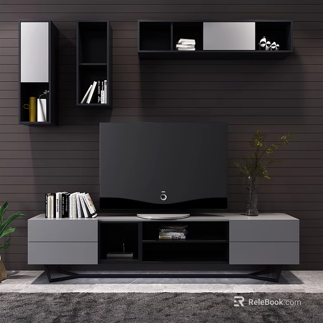 Modern TV Stand With TV Books On Shelves And Decorative Plant 3d model 