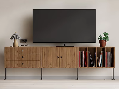 Modern Wooden TV Stand with Drawers Cabinets Metal Legs TV Table Lamp Plant and Bookshelf 3d model