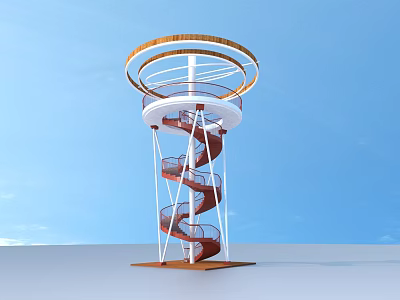 Spiral Tower Structure With Red Spiral Staircase And Circular Top Platform 3d model