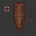 Wooden Boat with Red Lifebuoy and Two Oars on Black Reflective Surface